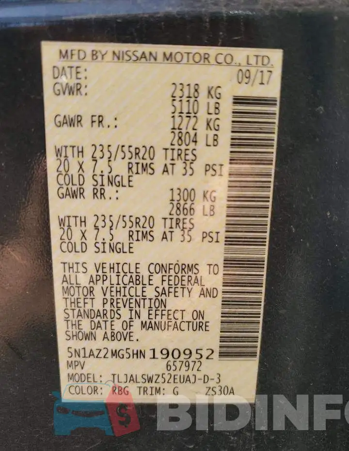 5N1AZ2MG5HN190952 Photo# 13