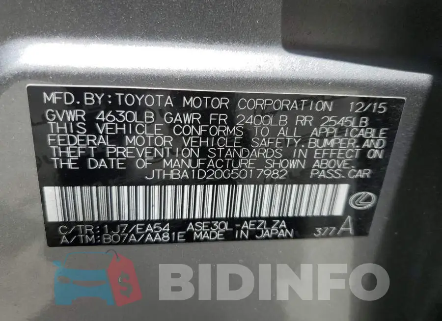 JTHBA1D20G5017982 Photo# 12
