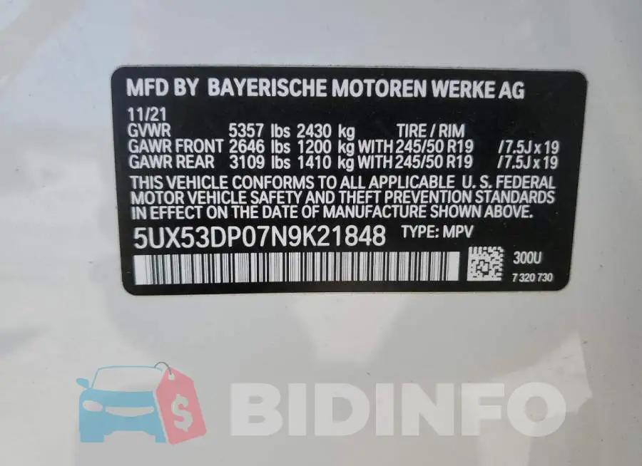 5UX53DP07N9K21848 Photo# 13