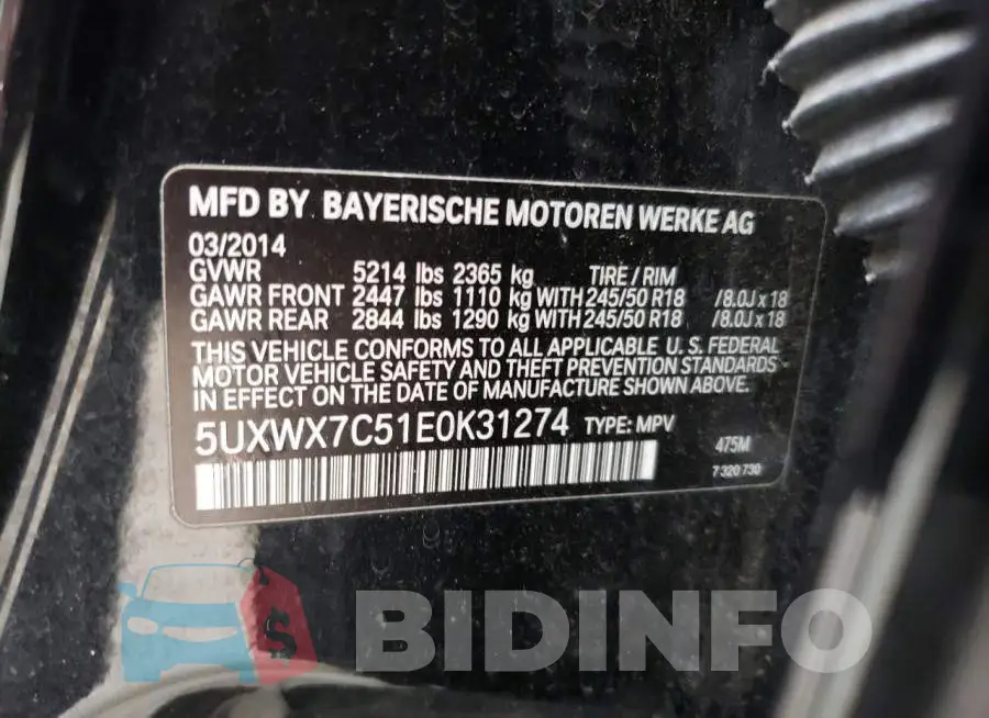 5UXWX7C51E0K31274 Photo# 14