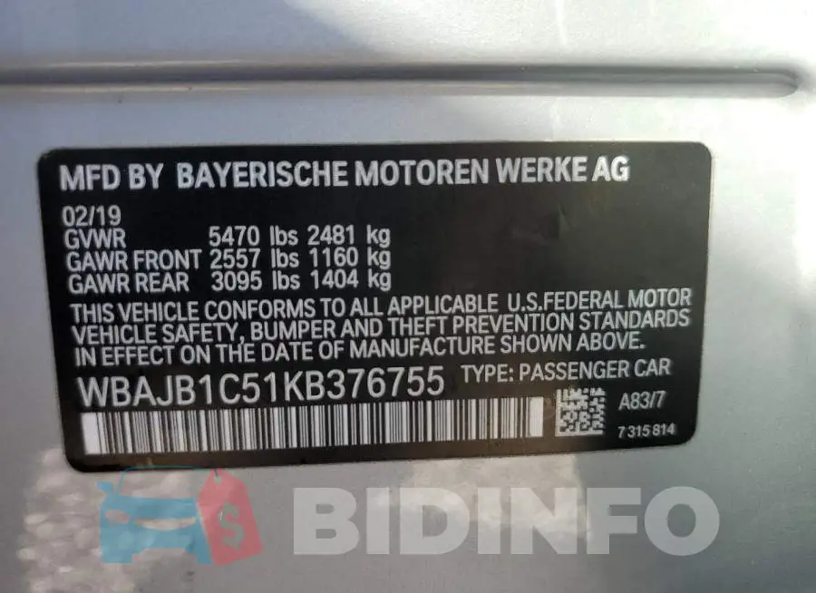 WBAJB1C51KB376755 Photo# 12