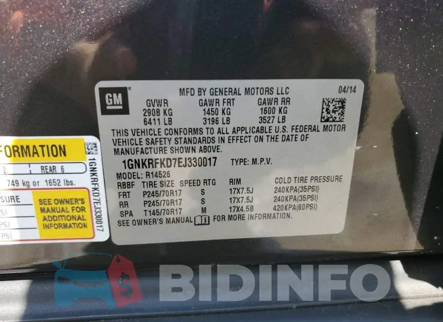 1GNKRFKD7EJ330017 Photo# 14