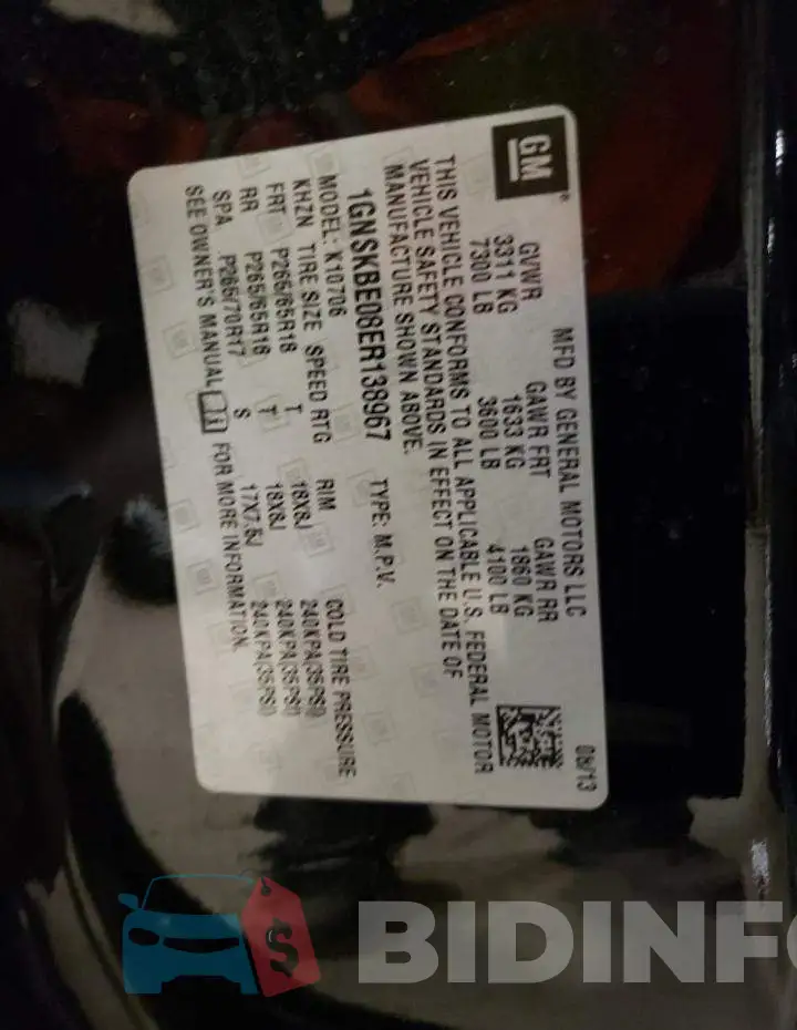 1GNSKBE08ER138967 Photo# 13
