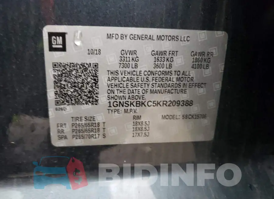 1GNSKBKC5KR209388 Photo# 14