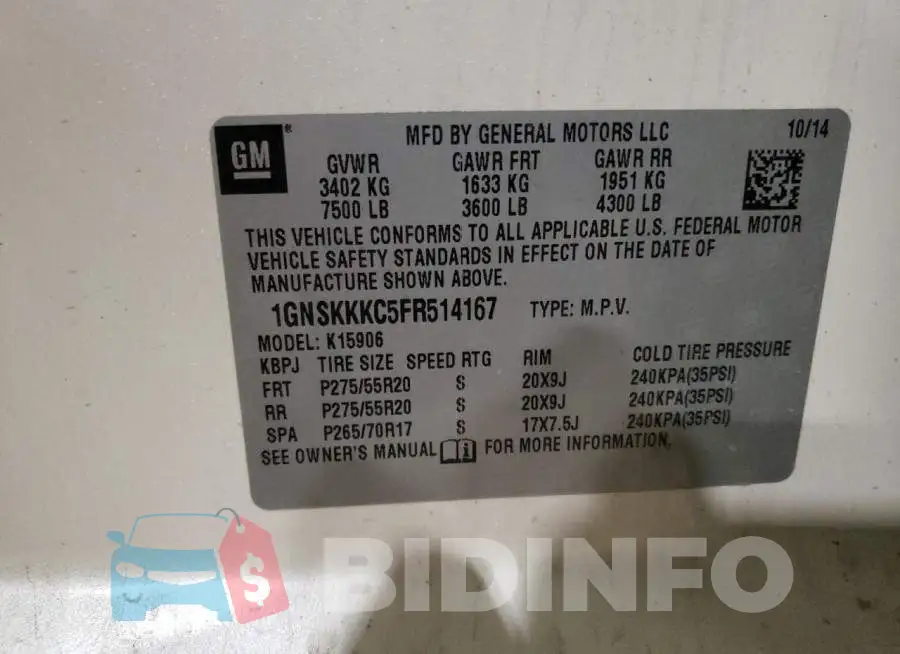 1GNSKKKC5FR514167 Photo# 14