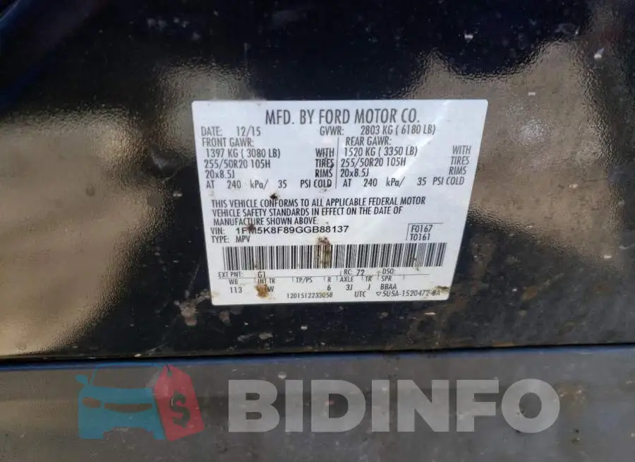 1FM5K8F89GGB88137 Photo# 14