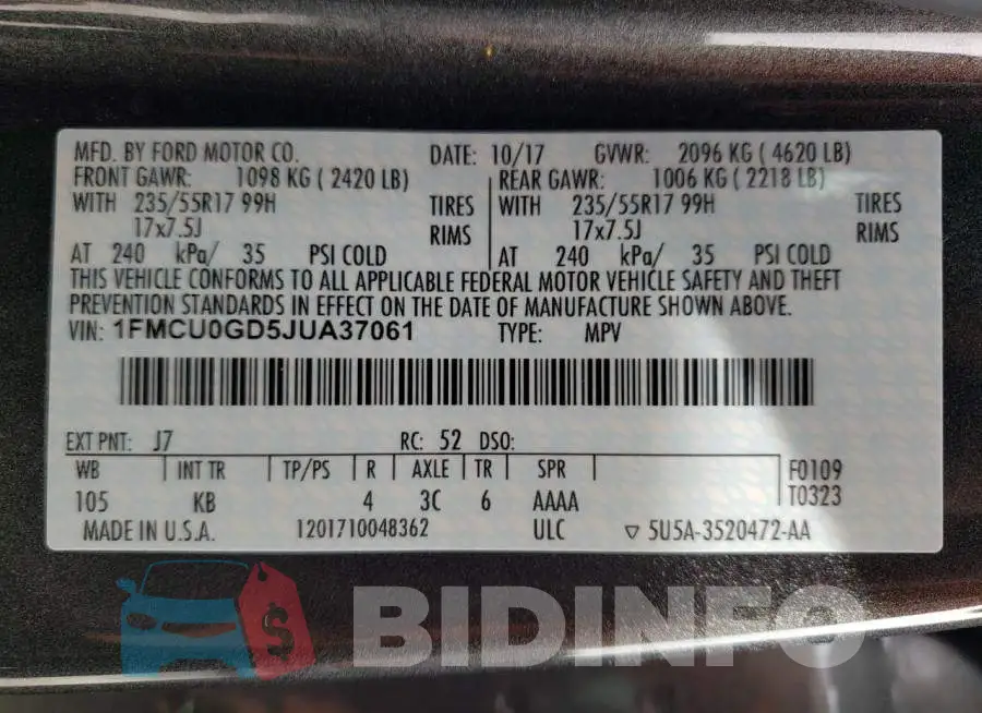 1FMCU0GD5JUA37061 Photo# 13