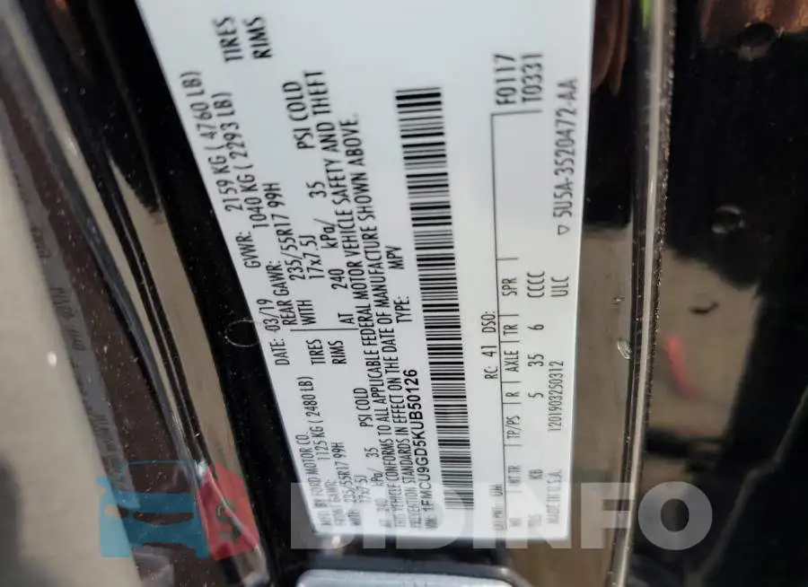 1FMCU9GD5KUB50126 Photo# 14