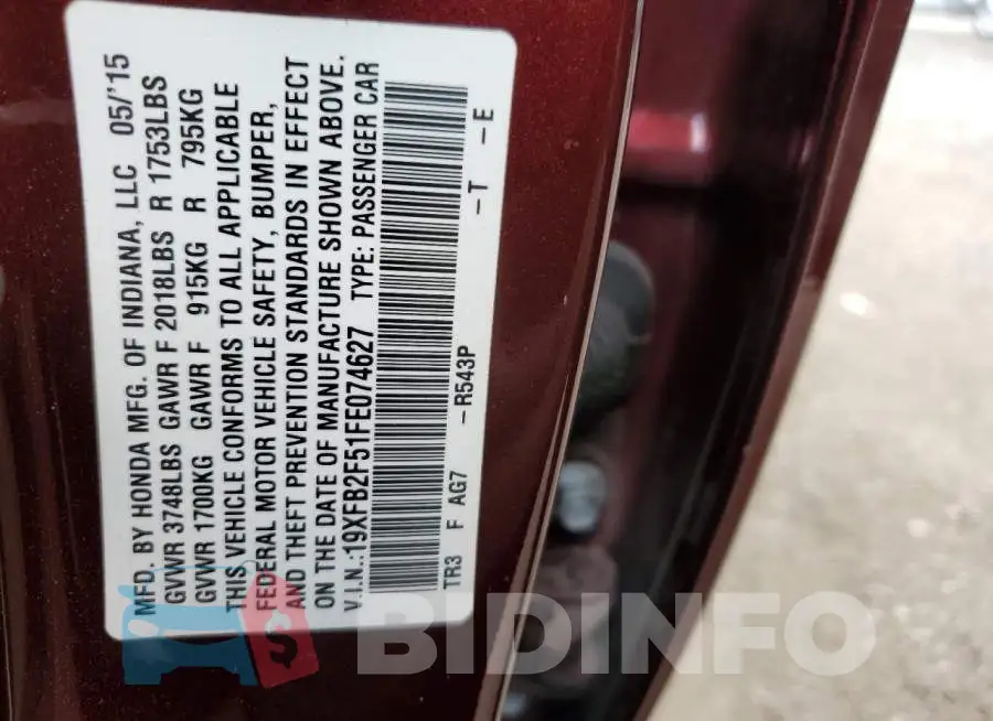 19XFB2F51FE074627 Photo# 12
