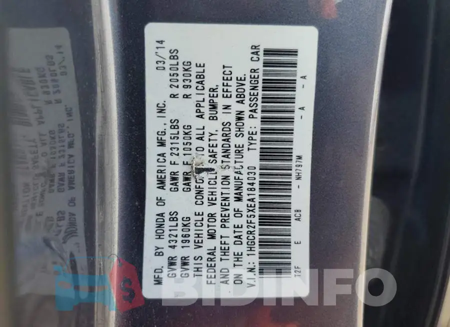 1HGCR2F5XEA184030 Photo# 12