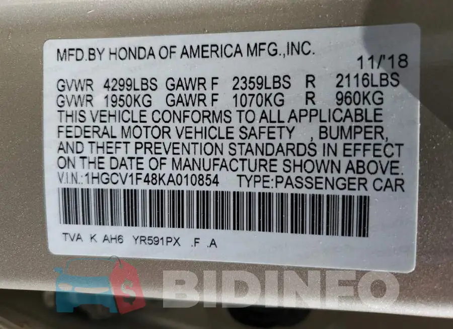 1HGCV1F48KA010854 Photo# 13