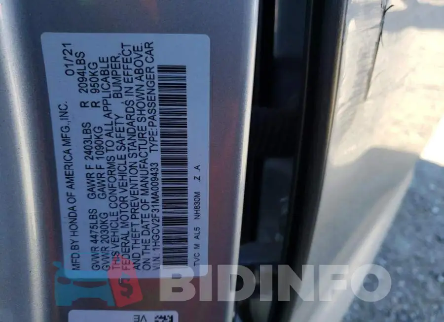 1HGCV2F31MA009433 Photo# 12