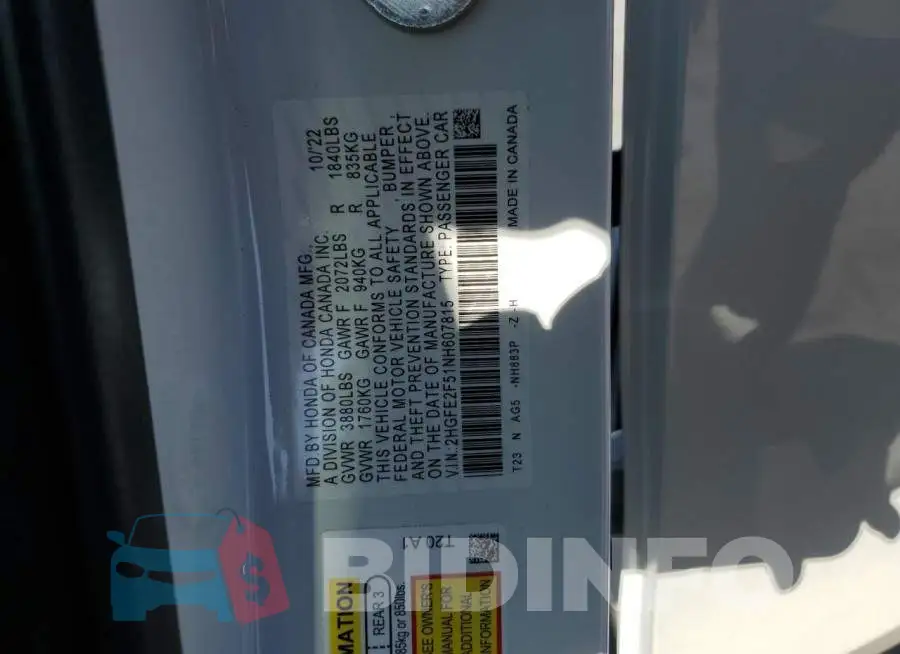 2HGFE2F51NH607815 Photo# 12
