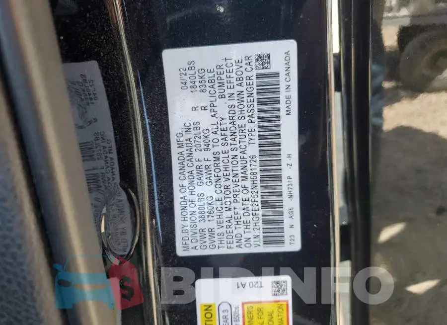 2HGFE2F52NH581726 Photo# 12