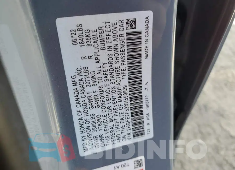2HGFE2F52NH590829 Photo# 12