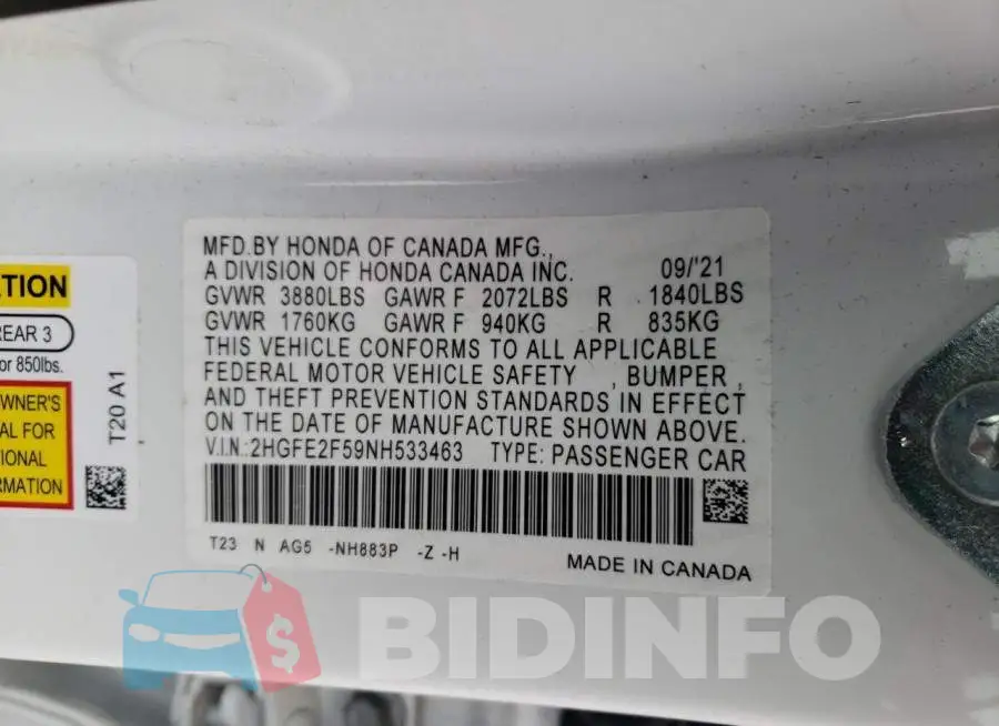2HGFE2F59NH533463 Photo# 12