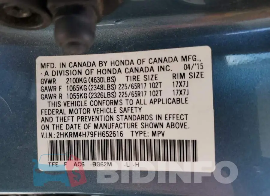 2HKRM4H79FH652616 Photo# 14