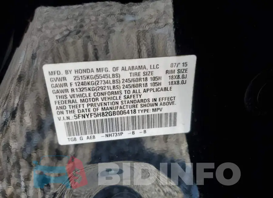 5FNYF5H82GB006418 Photo# 12