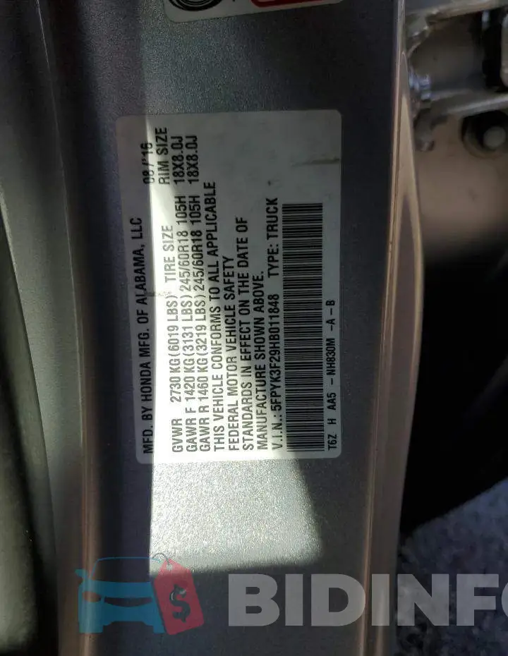 5FPYK3F29HB011848 Photo# 13