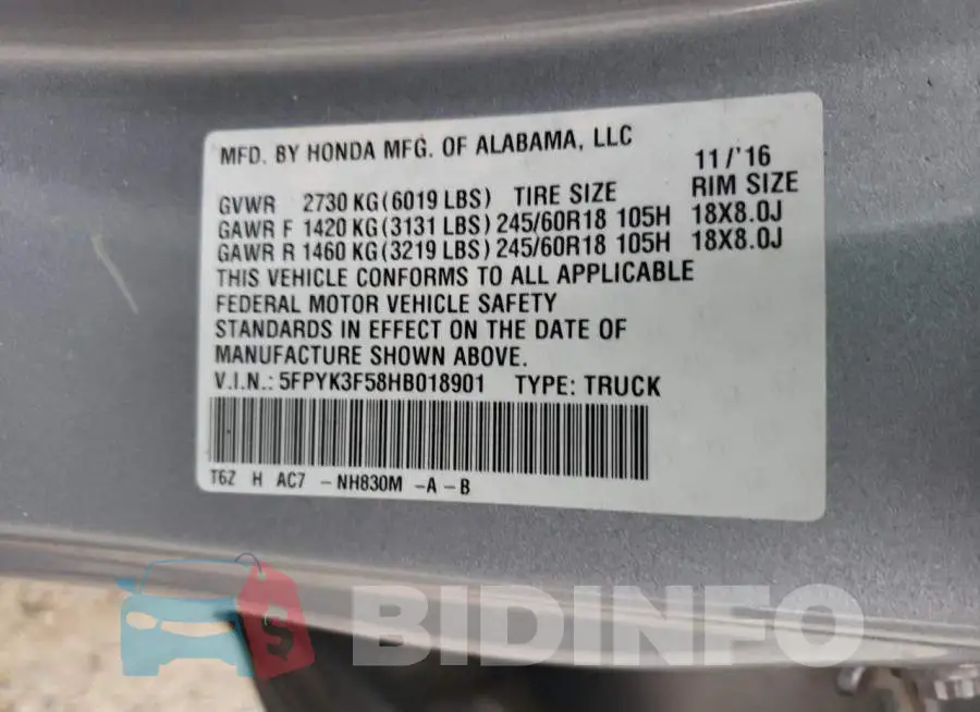 5FPYK3F58HB018901 Photo# 12