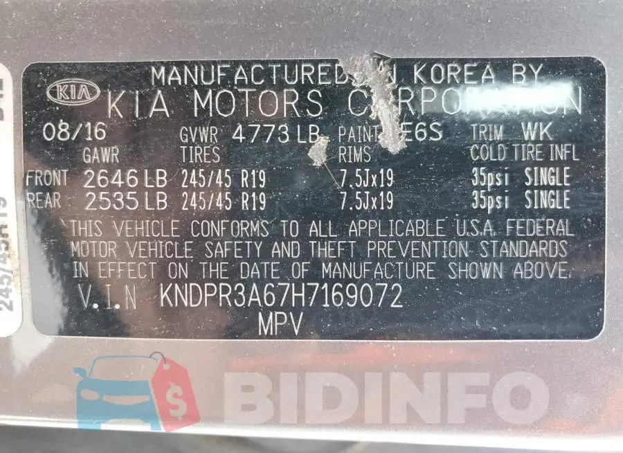 KNDPR3A67H7169072 Photo# 13