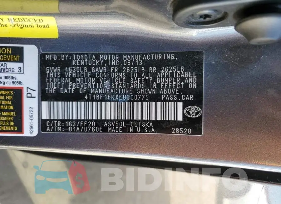 4T1BF1FKXEU300775 Photo# 12