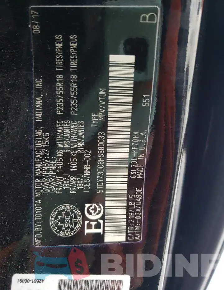 5TDYZ3DC8HS880033 Photo# 14