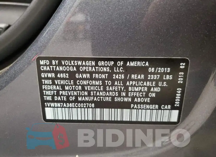 1VWBN7A36EC002706 Photo# 12