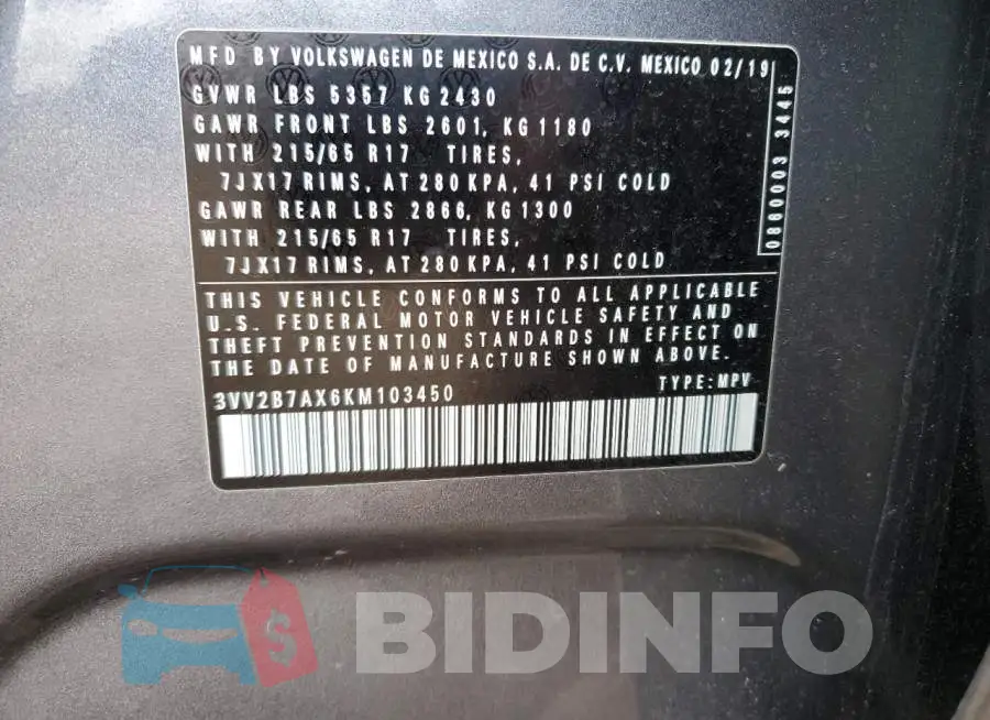 3VV2B7AX6KM103450 Photo# 14