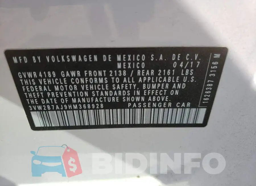 3VW2B7AJ9HM368928 Photo# 12