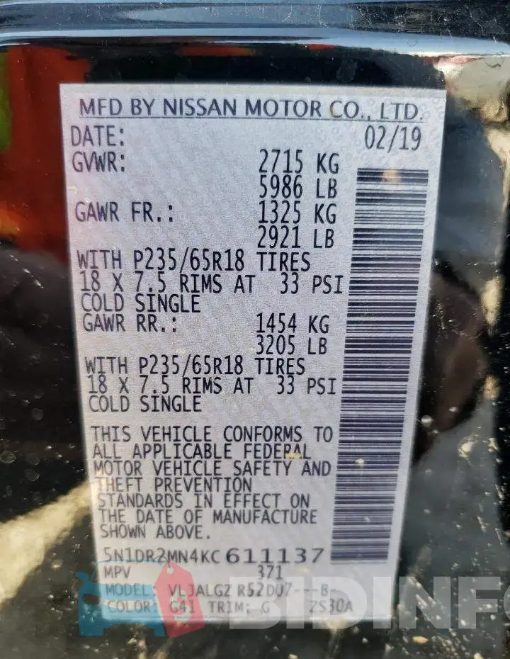 5N1DR2MN4KC611137 Photo# 13