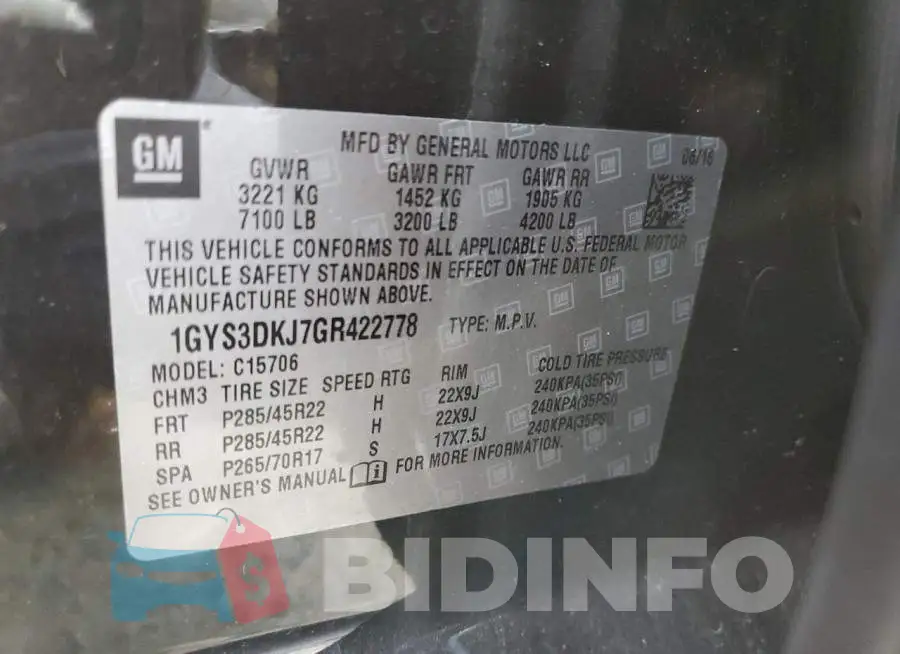 1GYS3DKJ7GR422778 Photo# 14