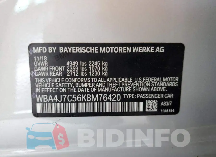 WBA4J7C56KBM76420 Photo# 12