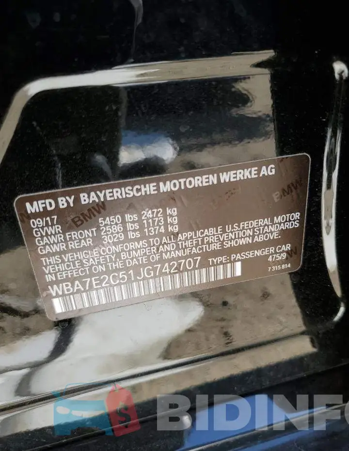 WBA7E2C51JG742707 Photo# 12
