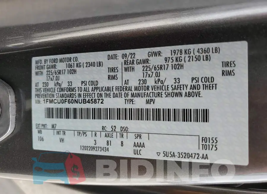 1FMCU0F60NUB45872 Photo# 13