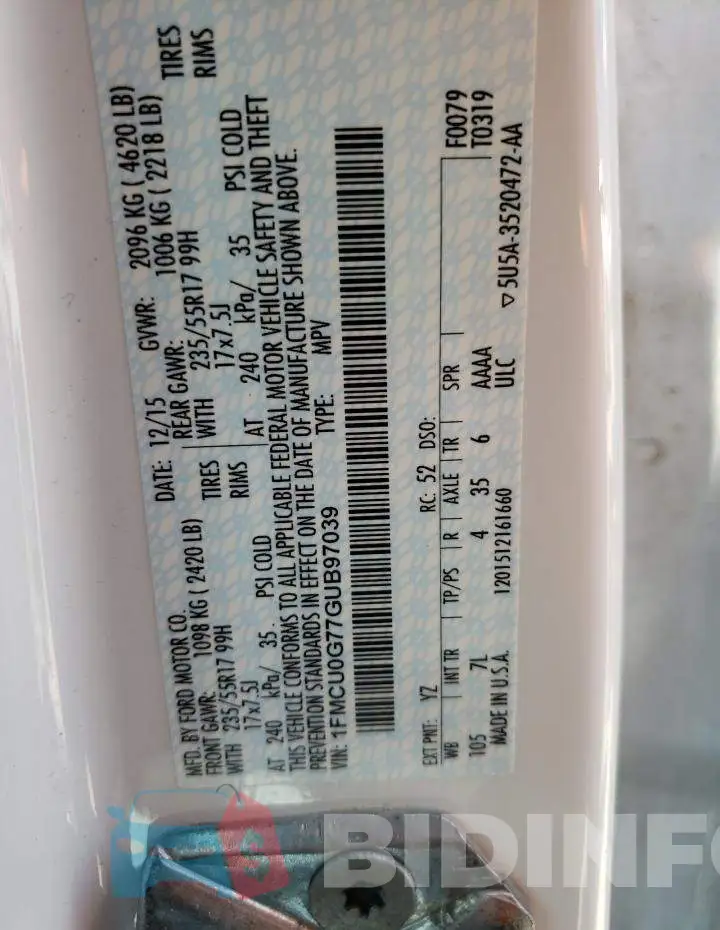 1FMCU0G77GUB97039 Photo# 14
