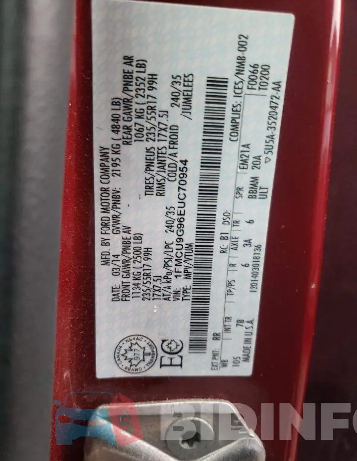 1FMCU9G96EUC70954 Photo# 13