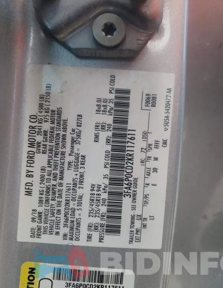 3FA6P0CD2KR117611 Photo# 12