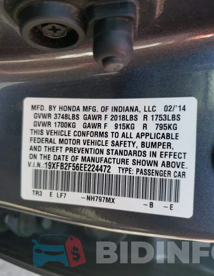 19XFB2F56EE224472 Photo# 13