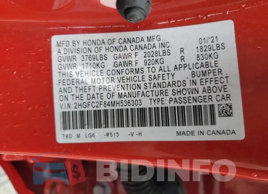 2HGFC2F84MH536303 Photo# 12
