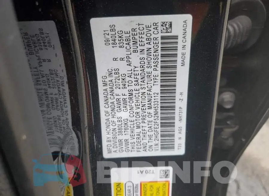 2HGFE2F52NH533112 Photo# 13