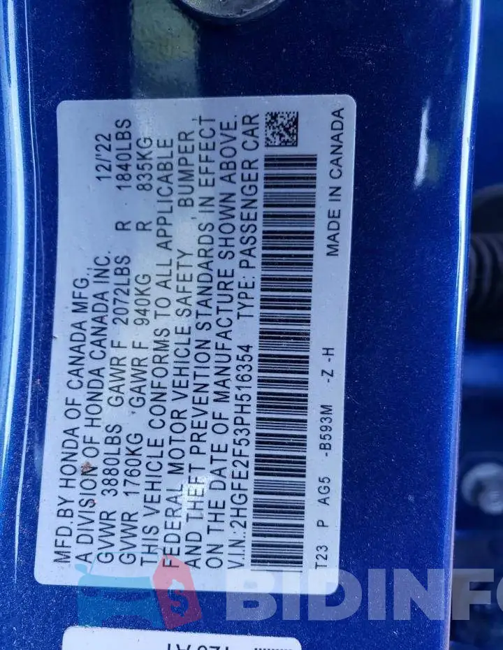 2HGFE2F53PH516354 Photo# 12