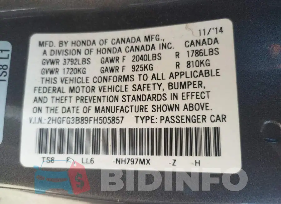 2HGFG3B89FH505857 Photo# 13