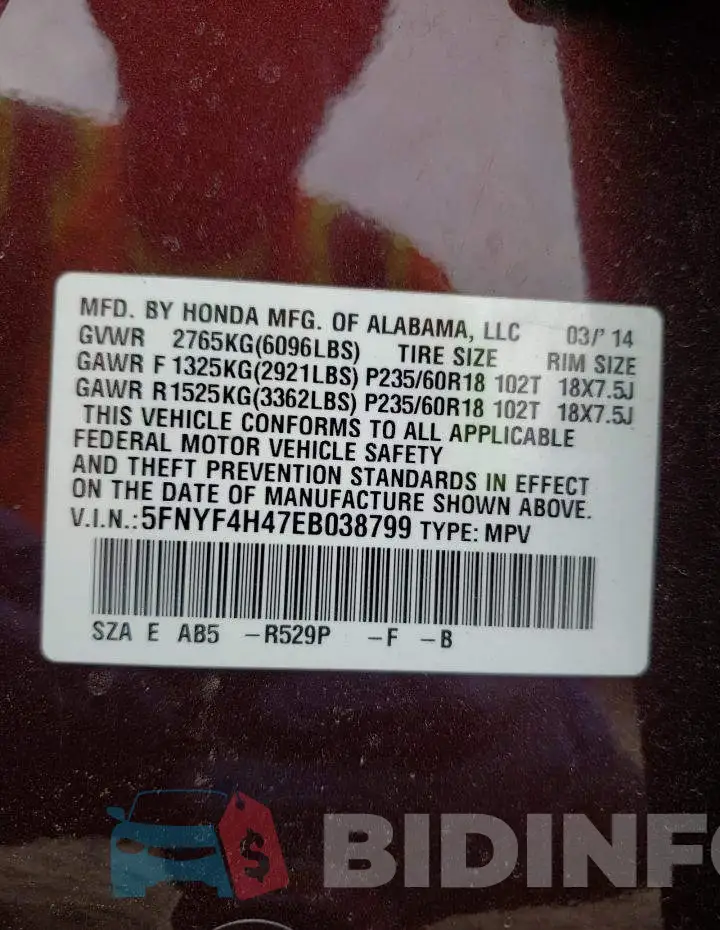 5FNYF4H47EB038799 Photo# 13