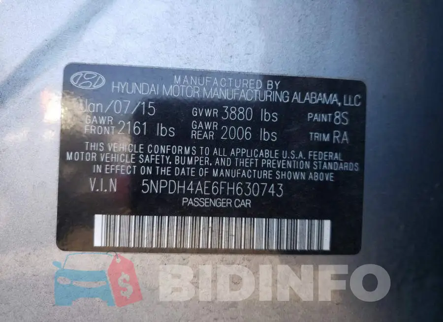 5NPDH4AE6FH630743 Photo# 10