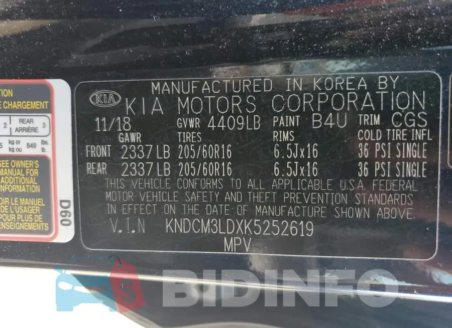 KNDCM3LDXK5252619 Photo# 13