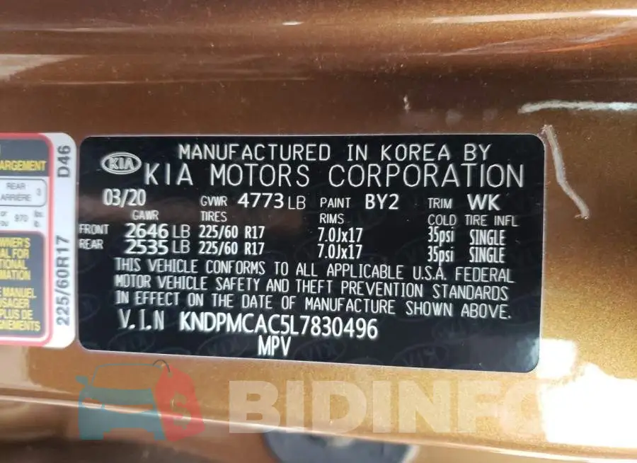 KNDPMCAC5L7830496 Photo# 13