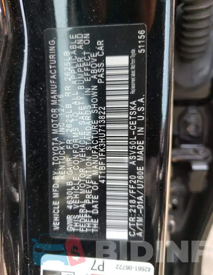 4T1BF1FK3HU713822 Photo# 13