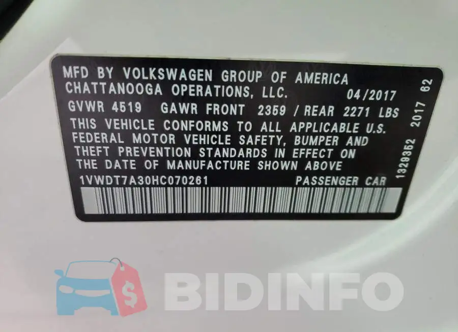 1VWDT7A30HC070261 Photo# 13