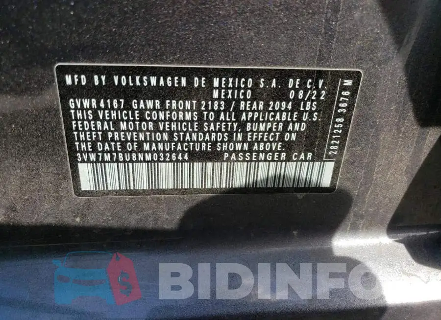 3VW7M7BU8NM032644 Photo# 13
